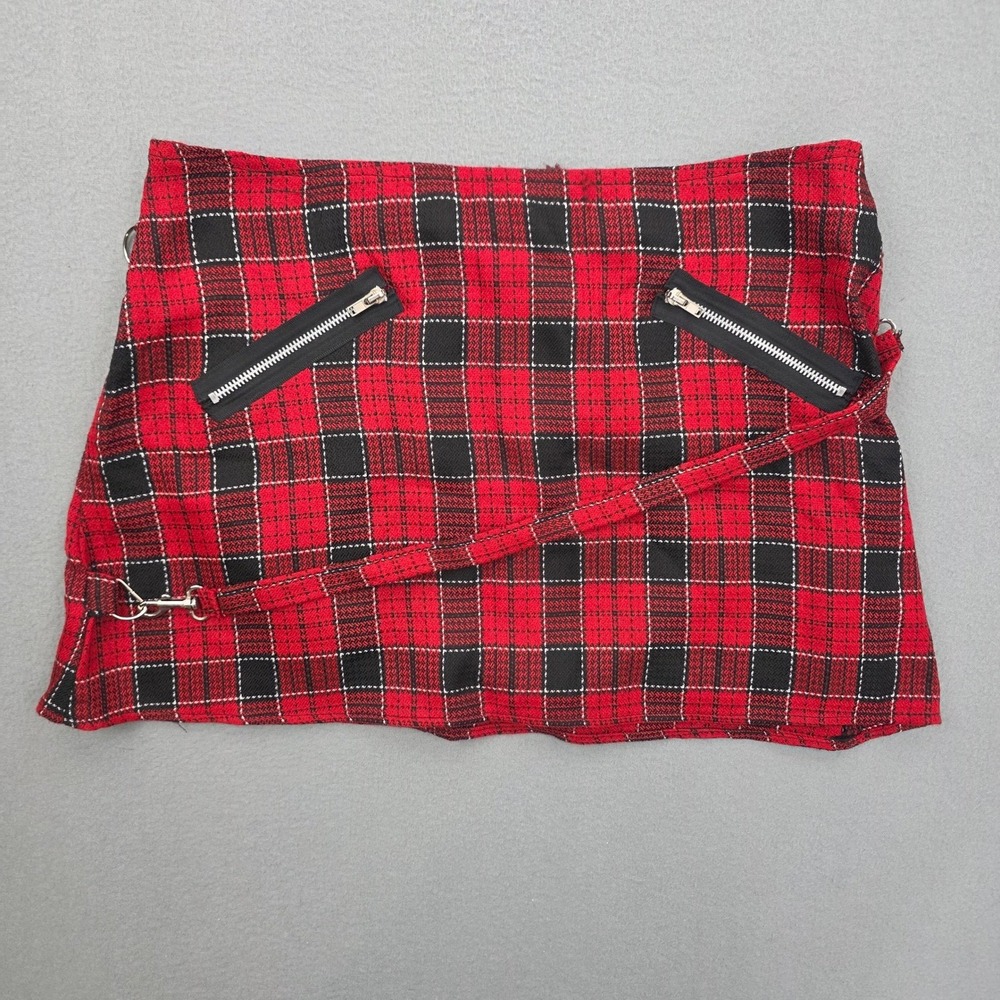Morbid Threads Mini Skirt Women's Large Red Plaid Zipper Pockets Strap Punk Goth
